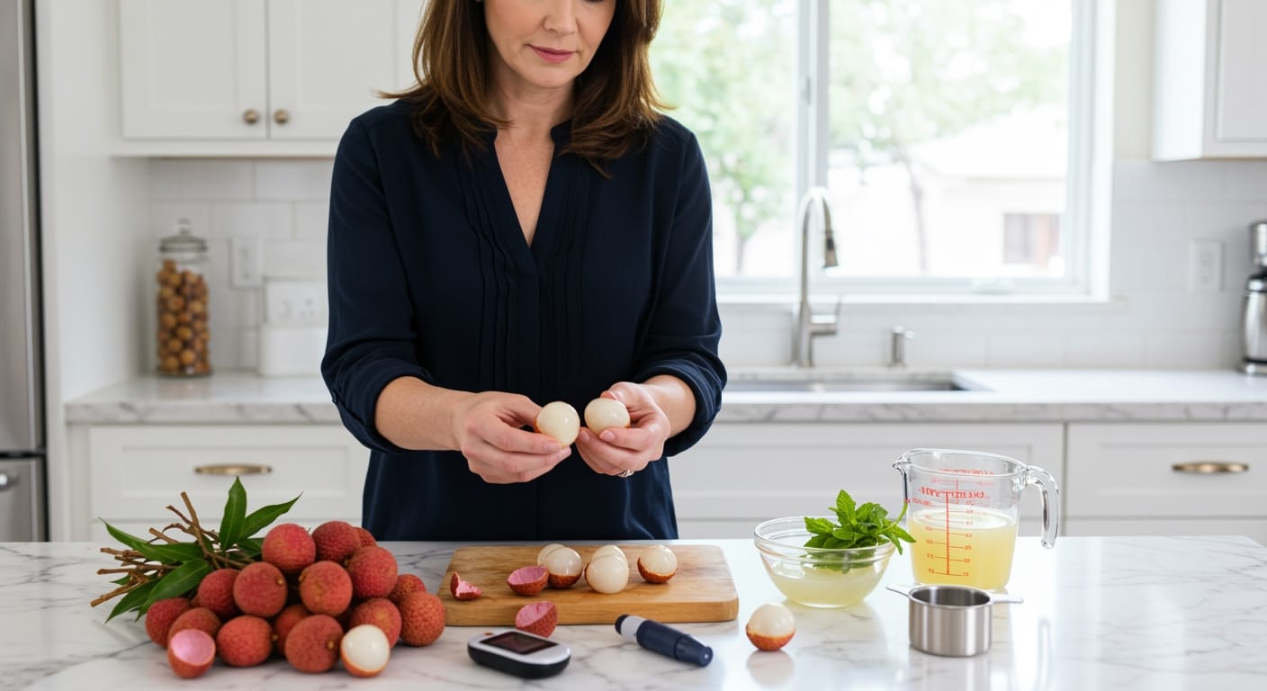 Middle-aged woman examining peeled lychee fruits on marble countertop with glucose meter and fresh lychees in modern kitchen