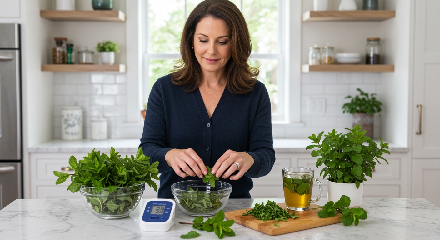 Woman touching fresh mint leaves on marble counter with blood pressure monitor and mint tea visible in modern kitchen