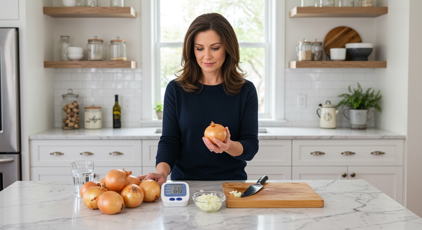 Woman holding onion at kitchen counter with blood pressure monitor and fresh onions arranged on white marble surface