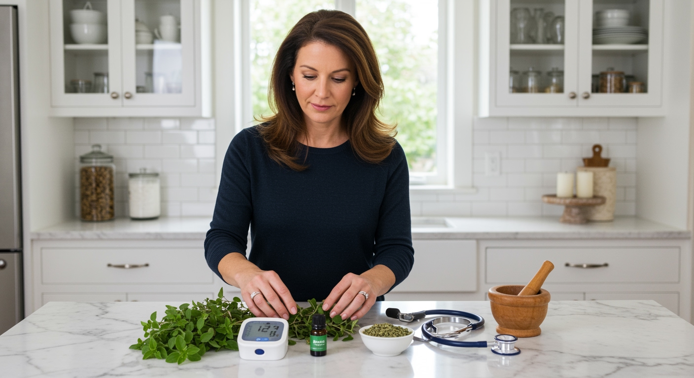 Middle-aged woman touching fresh oregano sprigs on marble counter with blood pressure monitor and health items in bright kitchen