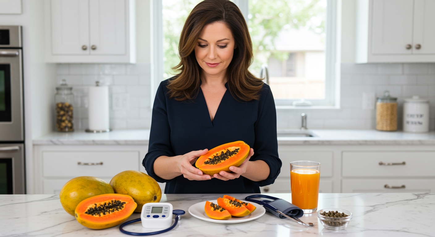 Middle-aged woman holding halved papaya behind marble counter with blood pressure monitor and health items in modern kitchen