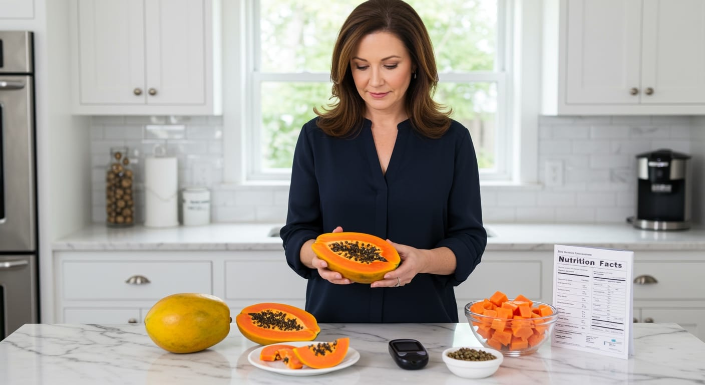 Middle-aged woman examining cut papaya on marble countertop with glucose meter and papaya portions in modern kitchen