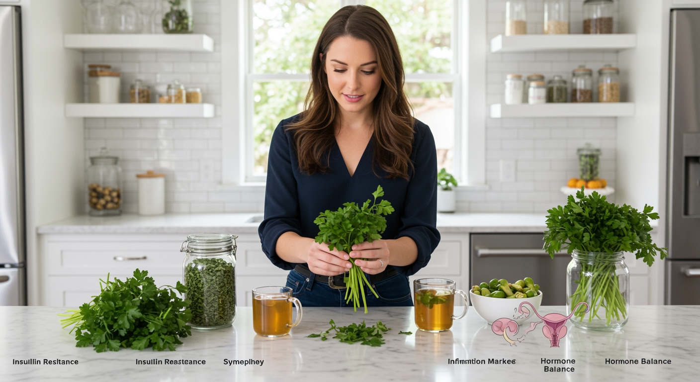 Young woman examining fresh parsley bunches on marble counter with PCOS-related health symbols and parsley tea in modern kitchen