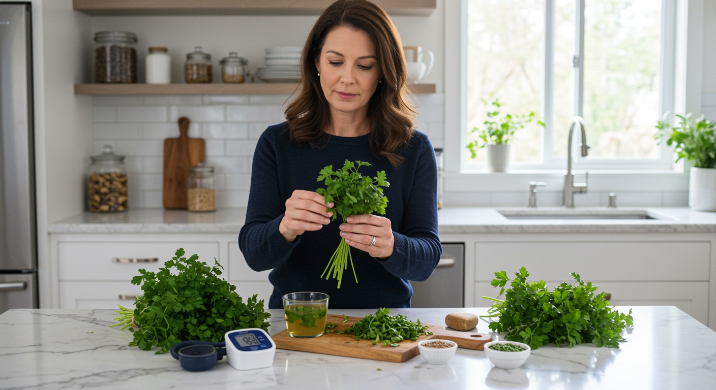 Woman holding fresh parsley sprigs while standing behind marble countertop with blood pressure monitor and herbs visible