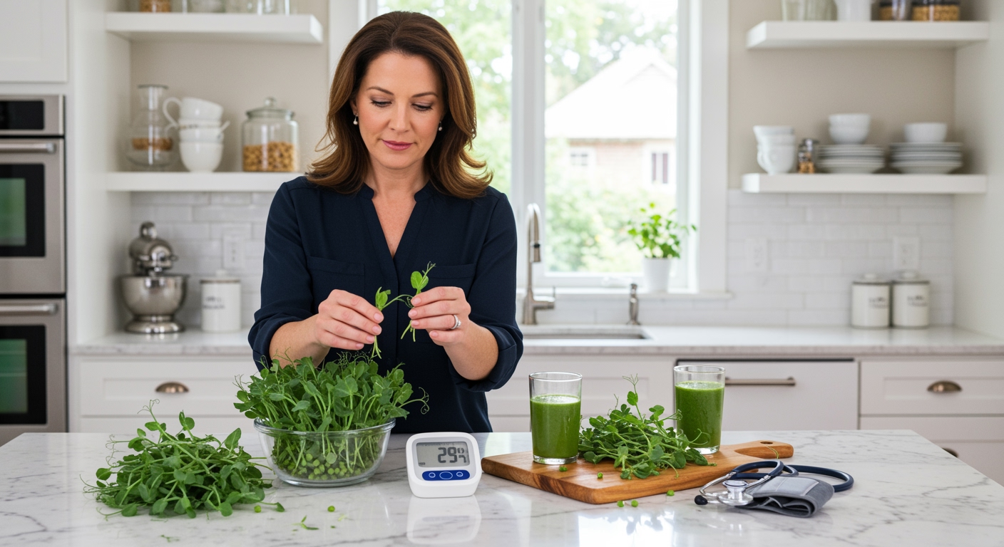 Woman holding fresh pea shoots on marble counter with blood pressure monitor and health items in bright modern kitchen