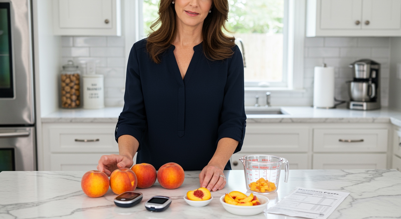Middle-aged woman holding peach while standing behind marble counter with glucose meter and sliced fruit in bright kitchen