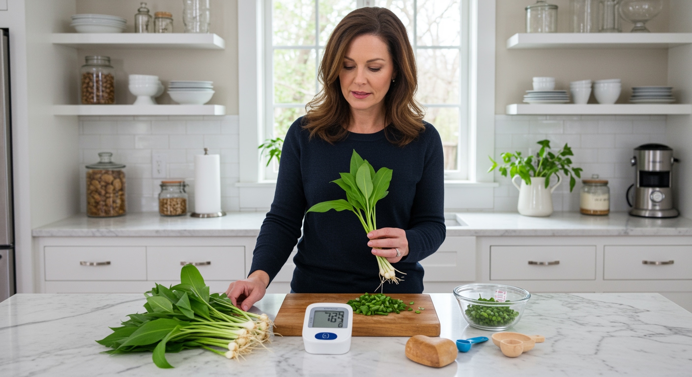 Woman holding ramp bulb on marble counter with blood pressure monitor and fresh ramps arranged in modern kitchen setting
