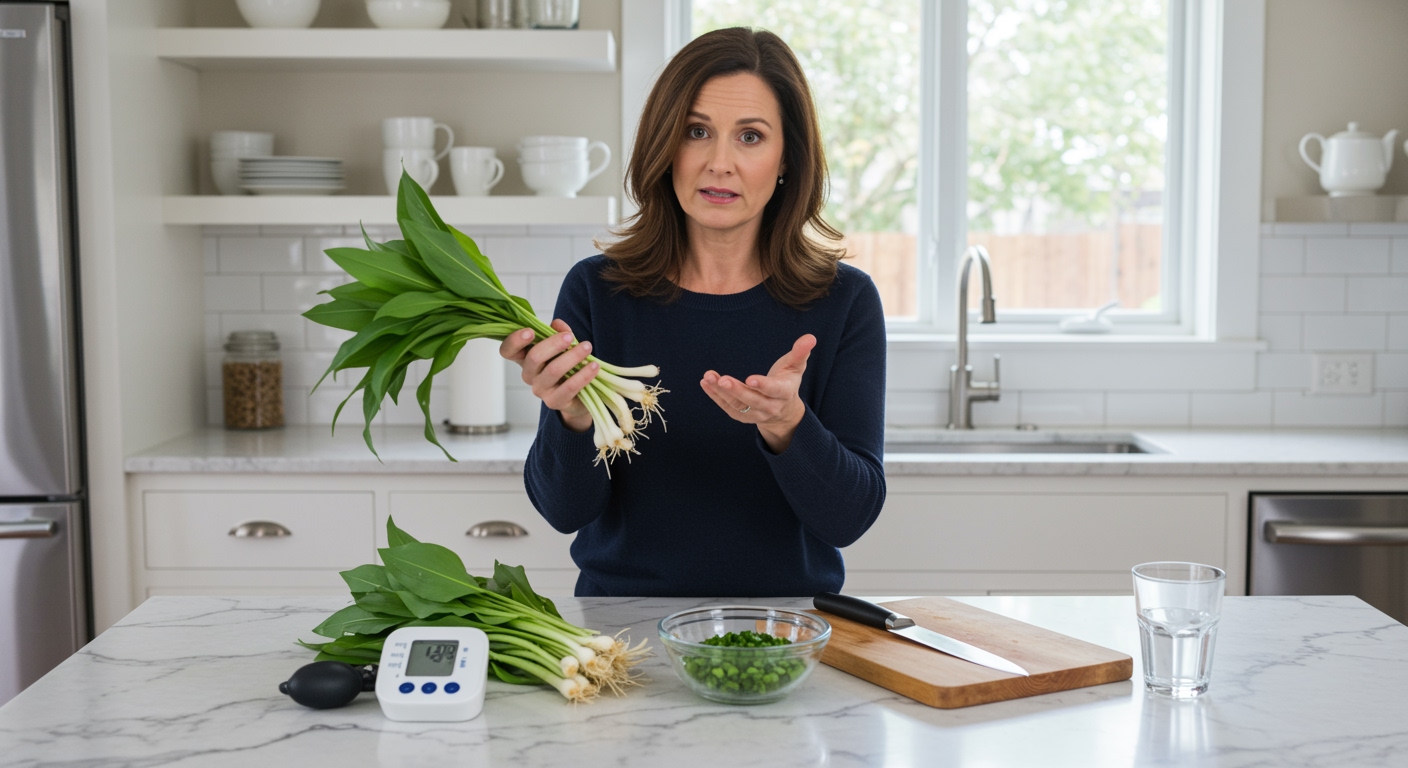 Middle-aged woman in navy sweater examining fresh ramps at white marble counter with blood pressure monitor and cooking items