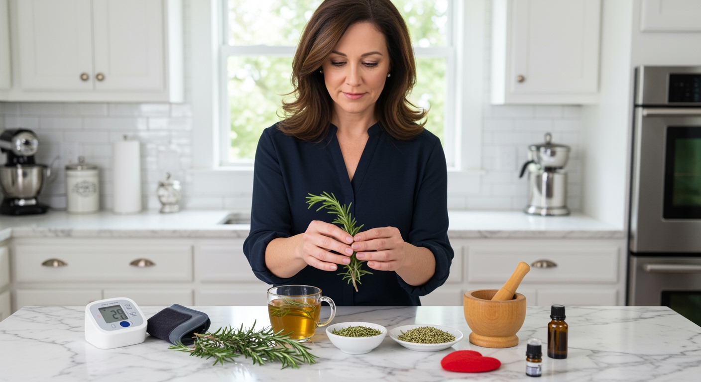 Woman holding fresh rosemary sprigs while standing behind marble countertop with blood pressure monitor and herbal items