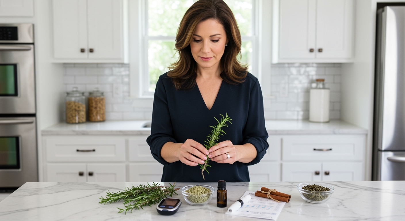 Middle-aged woman holding fresh rosemary sprigs while standing behind marble counter with diabetes management items displayed