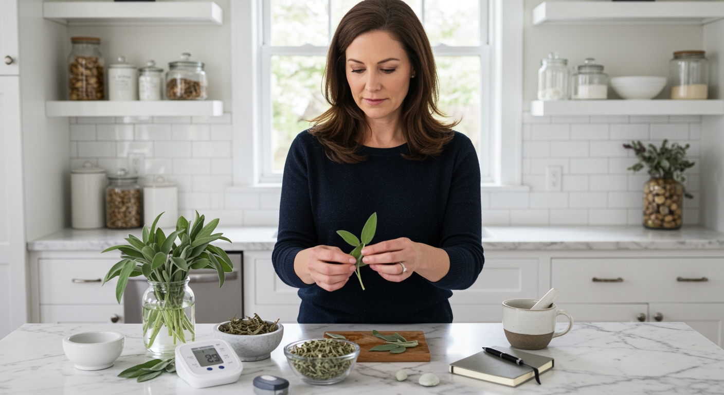 Middle-aged woman holding fresh sage leaves while standing behind marble counter with blood pressure monitor and herbs