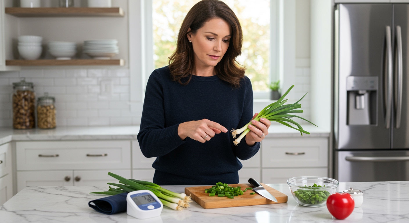 Middle-aged woman holding fresh scallions while examining them on white marble countertop with blood pressure monitor nearby