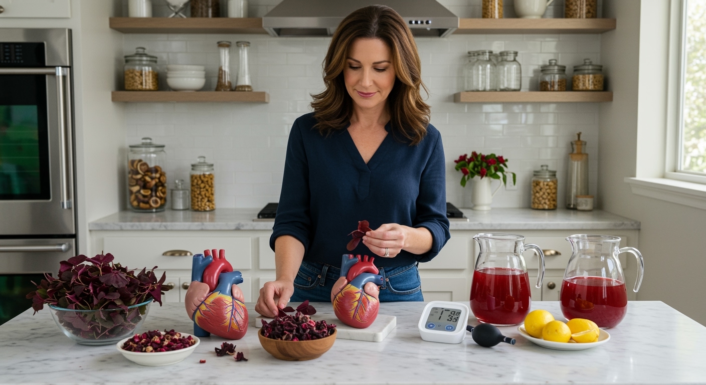 Woman holding fresh red sorrel leaves on white marble counter with heart model, blood pressure monitor, and herbal tea visible