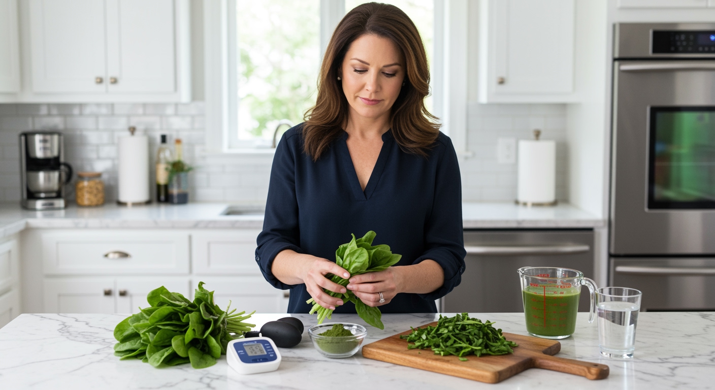 Woman holding fresh spinach leaves while standing behind marble counter with blood pressure monitor and spinach products