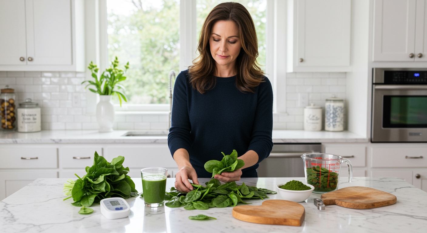 Middle-aged woman examining fresh spinach leaves on white marble countertop with blood pressure monitor and health items