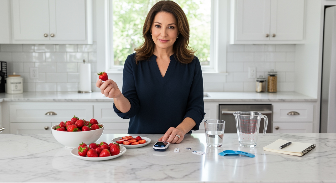 Middle-aged woman holding strawberry next to blood glucose meter on white marble counter with fresh berries and testing supplies