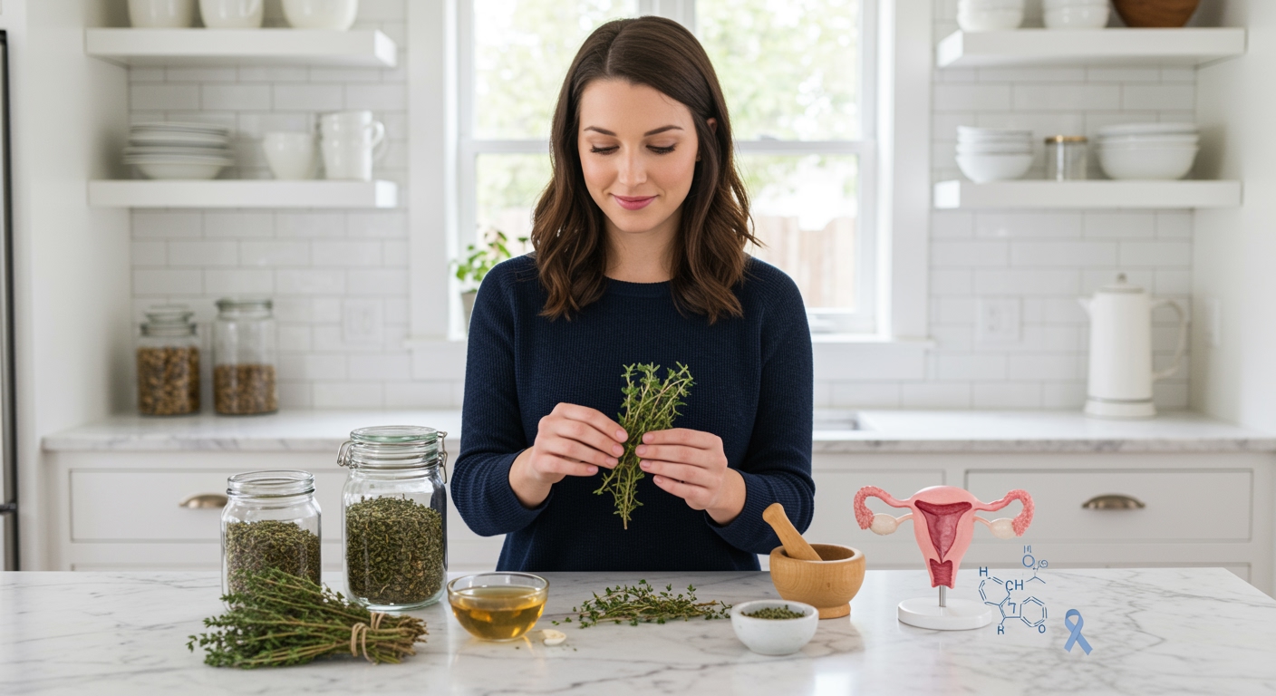 Young woman examining fresh thyme sprigs with both hands on white marble countertop with PCOS-related items in modern kitchen