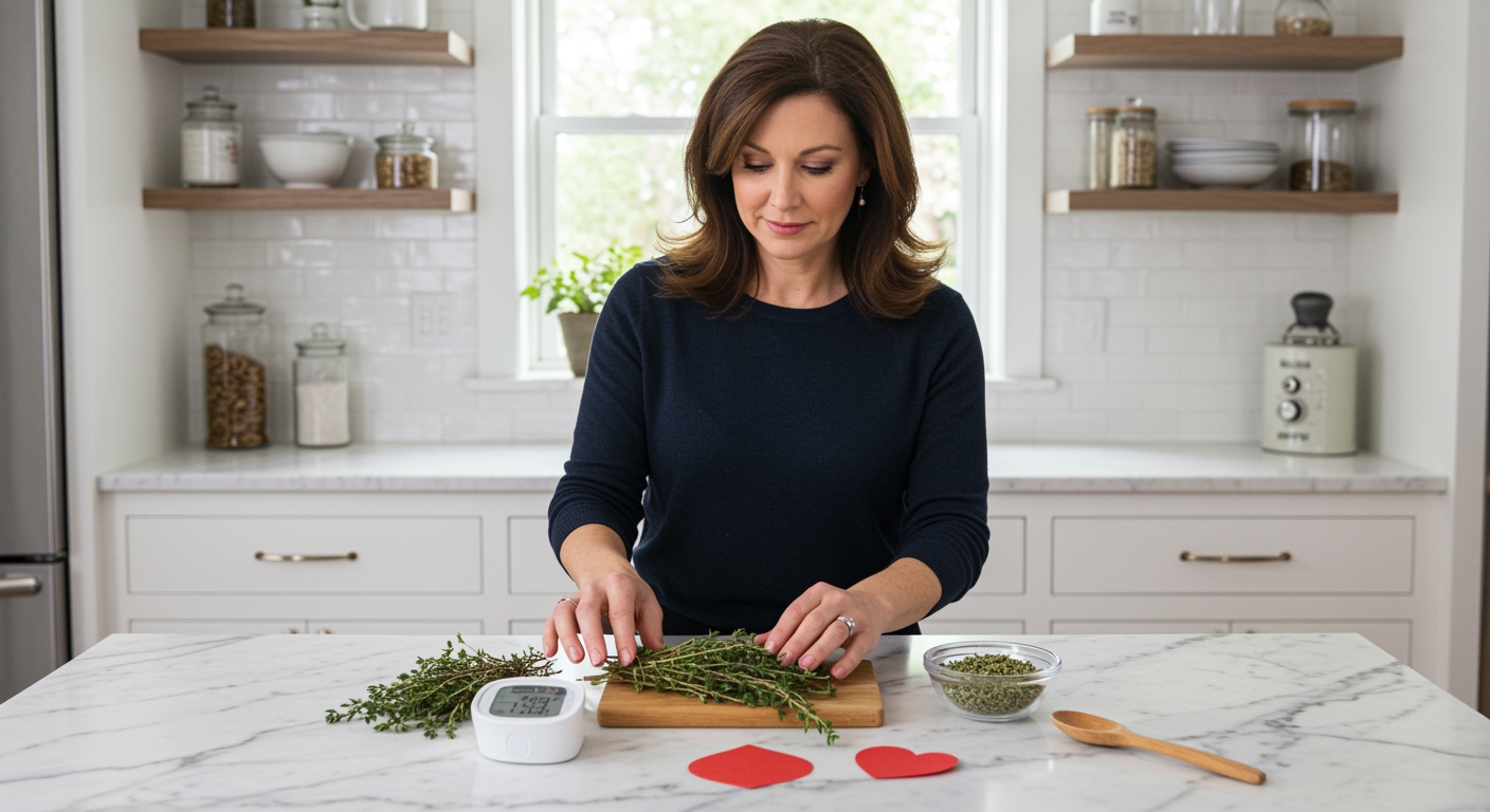 Middle-aged woman touching fresh thyme sprigs on marble countertop with blood pressure monitor and herbs arranged nearby in bright kitchen