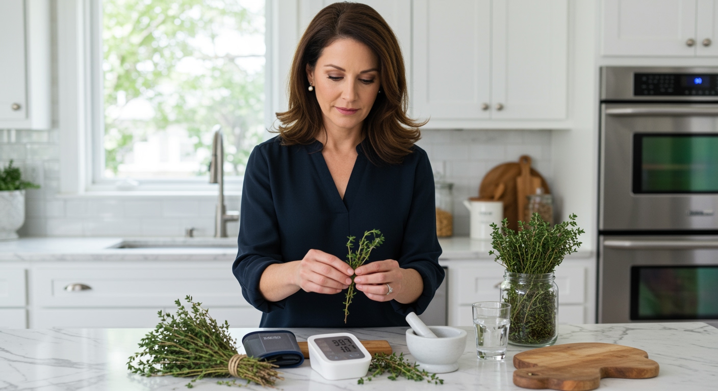 Middle-aged woman holding fresh thyme sprigs while standing behind marble counter with blood pressure monitor and herbs