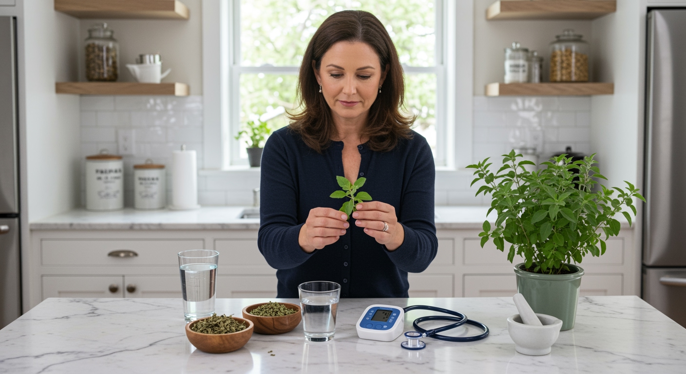 Woman holding fresh tulsi leaves while standing behind marble counter with blood pressure monitor and herbal items