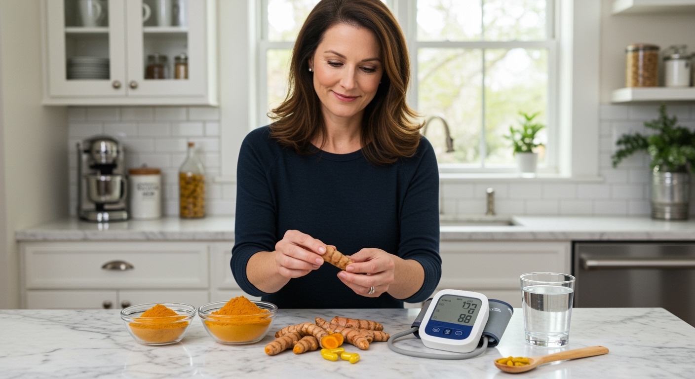 Woman holding fresh turmeric root on marble countertop with turmeric powder, blood pressure monitor, and supplements in bright kitchen.