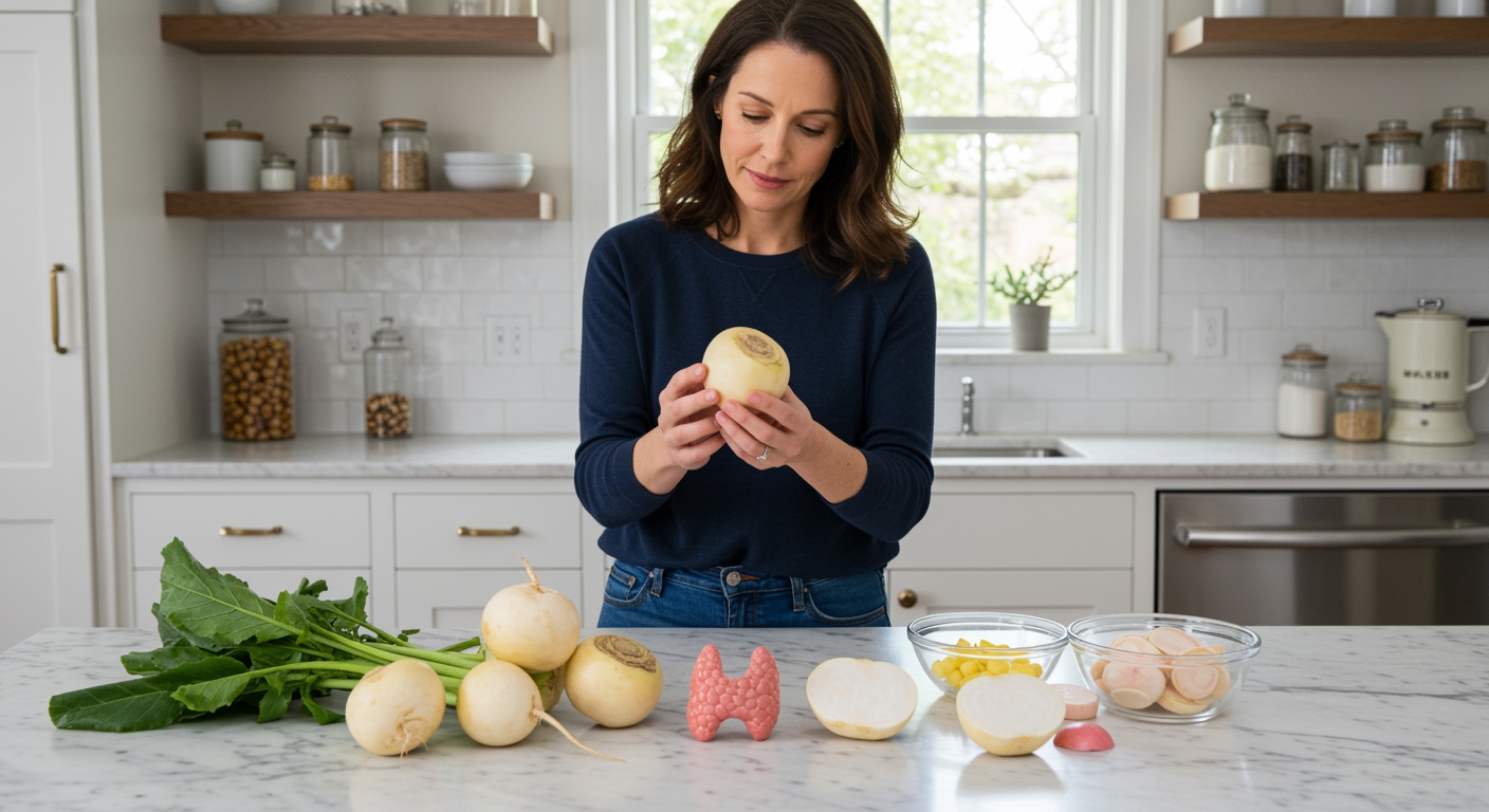 Middle-aged woman holding turnip while standing behind marble countertop with fresh turnips and thyroid gland model in bright kitchen
