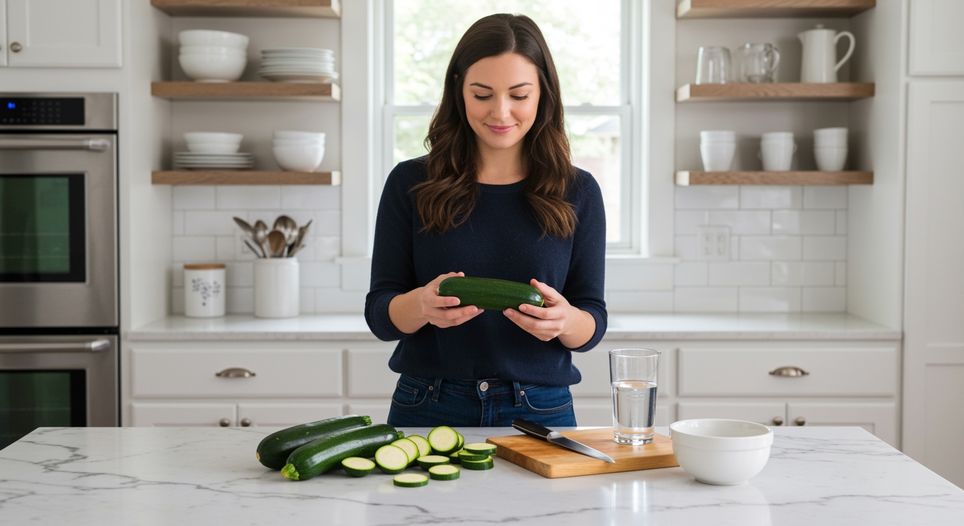 Young woman holding fresh zucchini at marble countertop with sliced vegetables and kitchen tools in bright modern kitchen