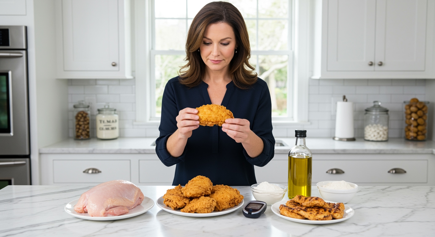 Woman holding fried chicken piece examining it with glucose meter and cooking ingredients on marble counter in modern kitchen