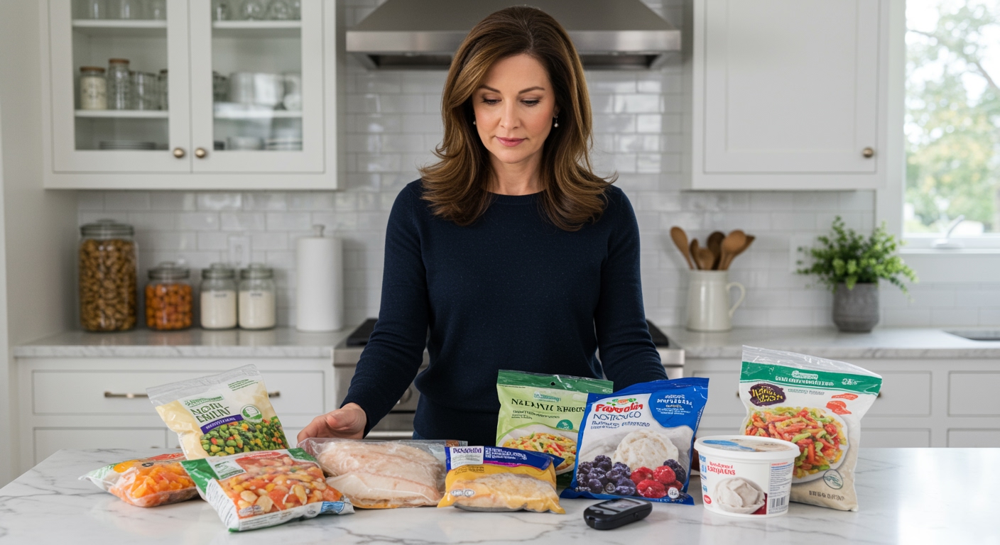 Middle-aged woman examining frozen food packages on marble countertop with glucose meter and various frozen items visible