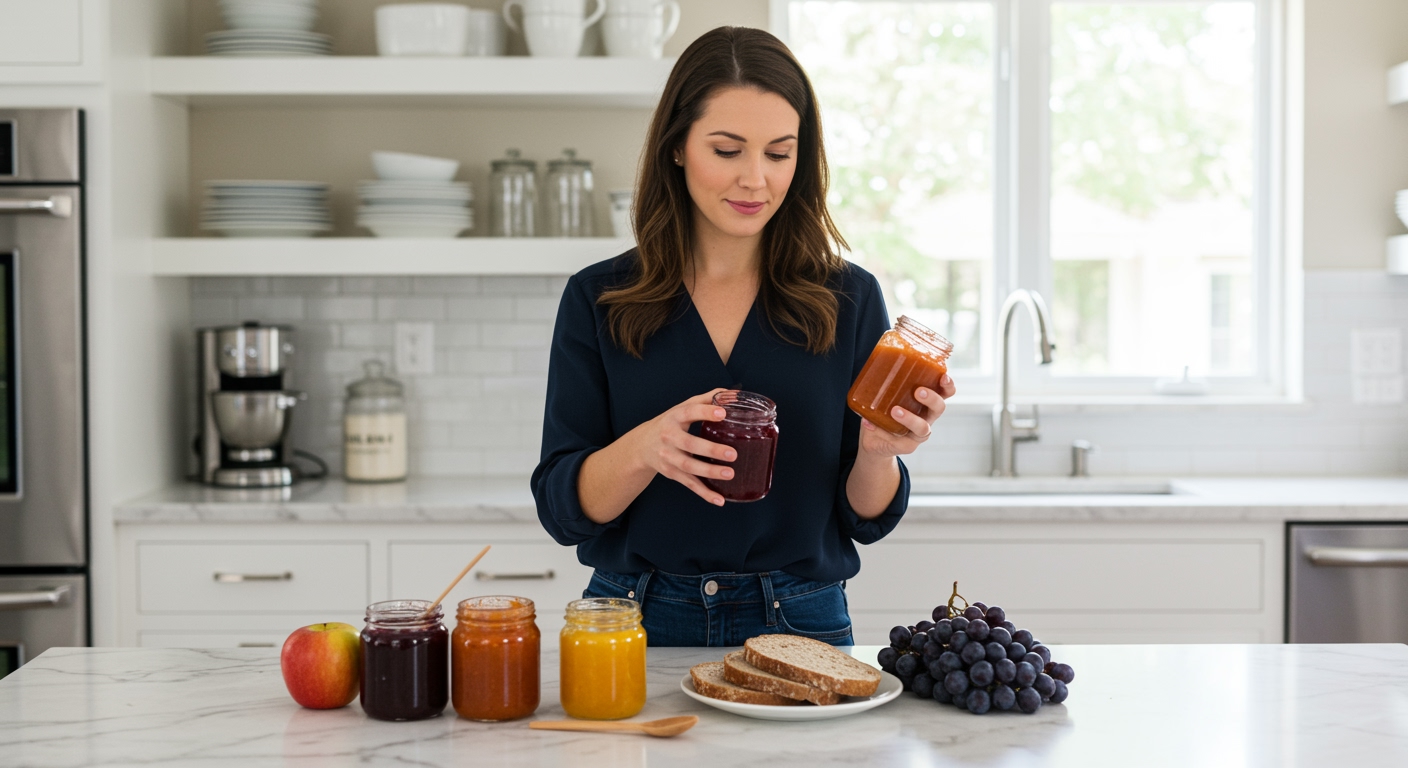 Woman holding glass jar of fruit spread on marble countertop with fresh fruits and bread in bright modern kitchen