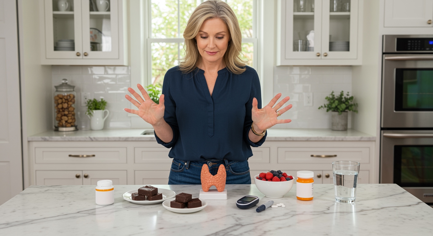 Middle-aged woman standing behind marble countertop with fudge pieces, thyroid model, glucose meter, berries, and water visible