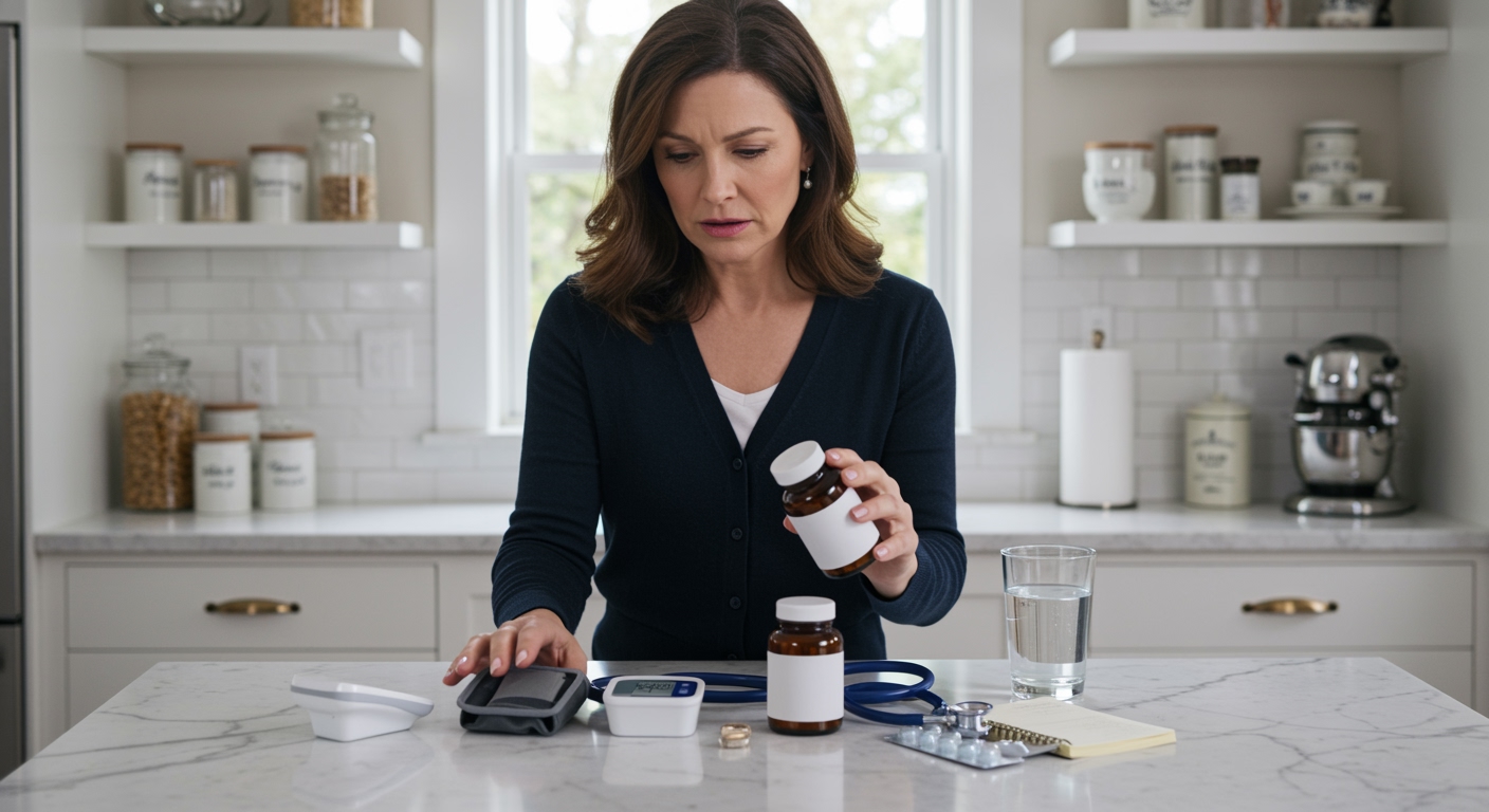 Middle-aged woman holding supplement bottle while examining blood pressure monitor on white marble kitchen counter with medical items