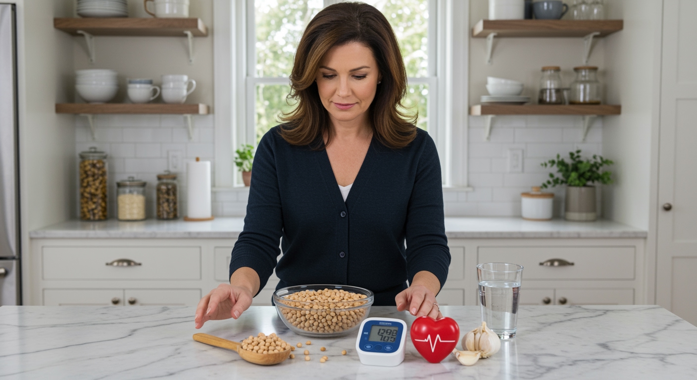 Middle-aged woman standing behind marble counter examining garbanzo beans, blood pressure monitor, and heart health items