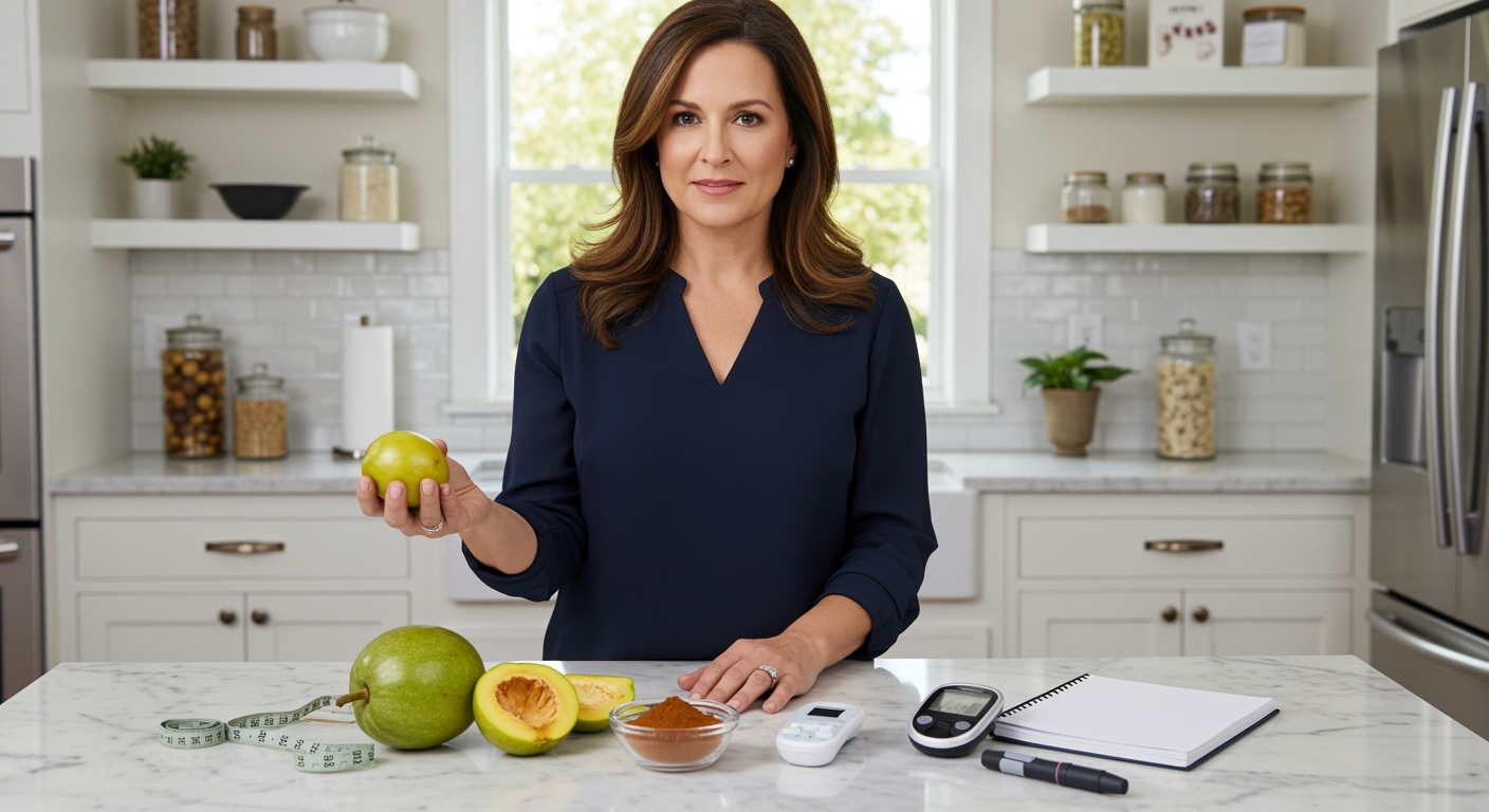 Middle-aged woman holding garcinia cambogia fruit with PCOS-related health items on white marble countertop in modern kitchen