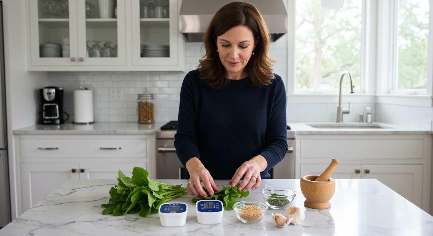 Woman touching garlic mustard leaves on marble counter with blood pressure monitor and herbs in modern kitchen