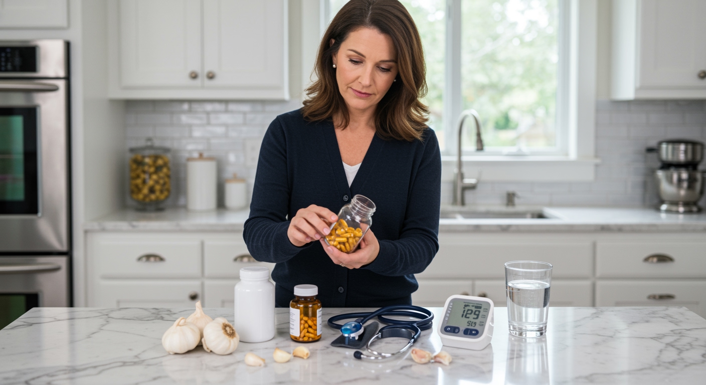 Woman examining garlic supplement bottle on marble countertop with blood pressure monitor and fresh garlic arranged nearby