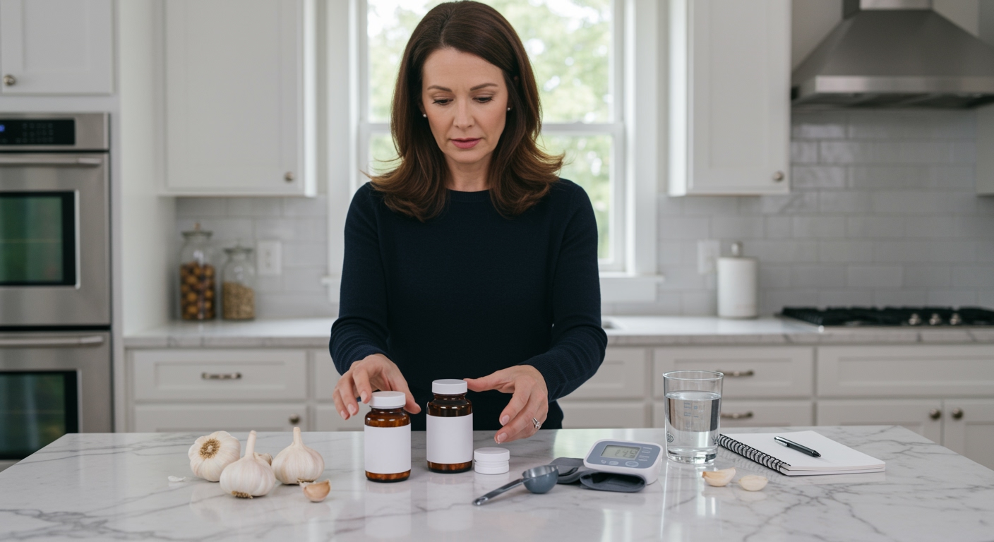 Woman examining garlic supplement bottles on marble counter with blood pressure monitor and fresh garlic in modern kitchen