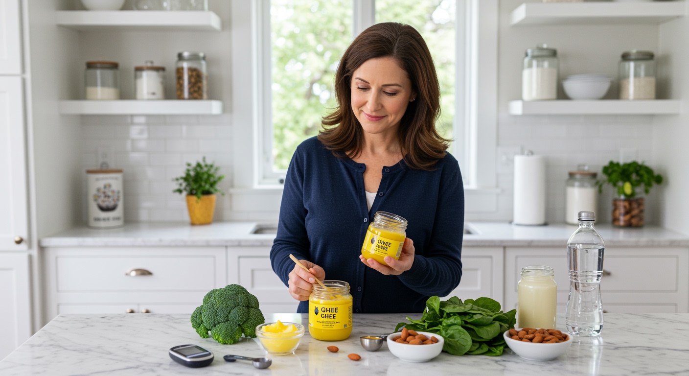 Middle-aged woman examining ghee jar on marble countertop with diabetes management items and healthy foods in modern kitchen
