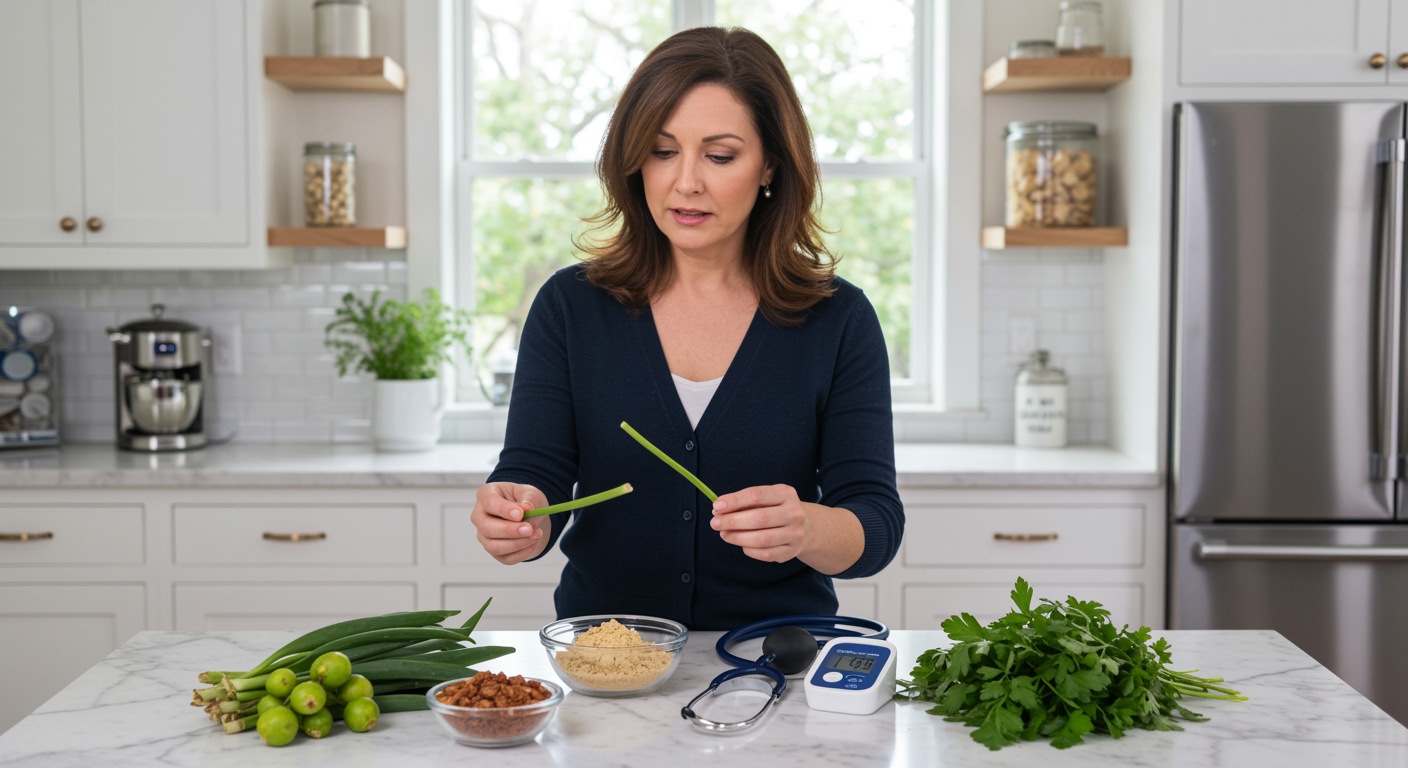 Middle-aged woman examining fresh giloy stems and dried powder with blood pressure monitor on white marble countertop