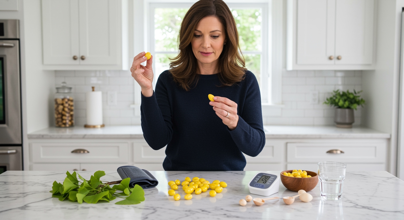 Woman holding ginkgo nut while examining it with blood pressure monitor and fresh ginkgo leaves on marble countertop