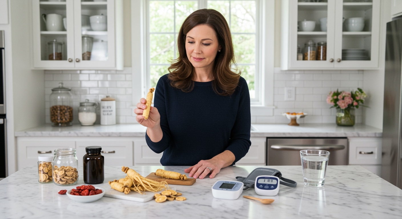 Woman holding ginseng root behind marble counter with blood pressure monitor and ginseng supplements in modern kitchen