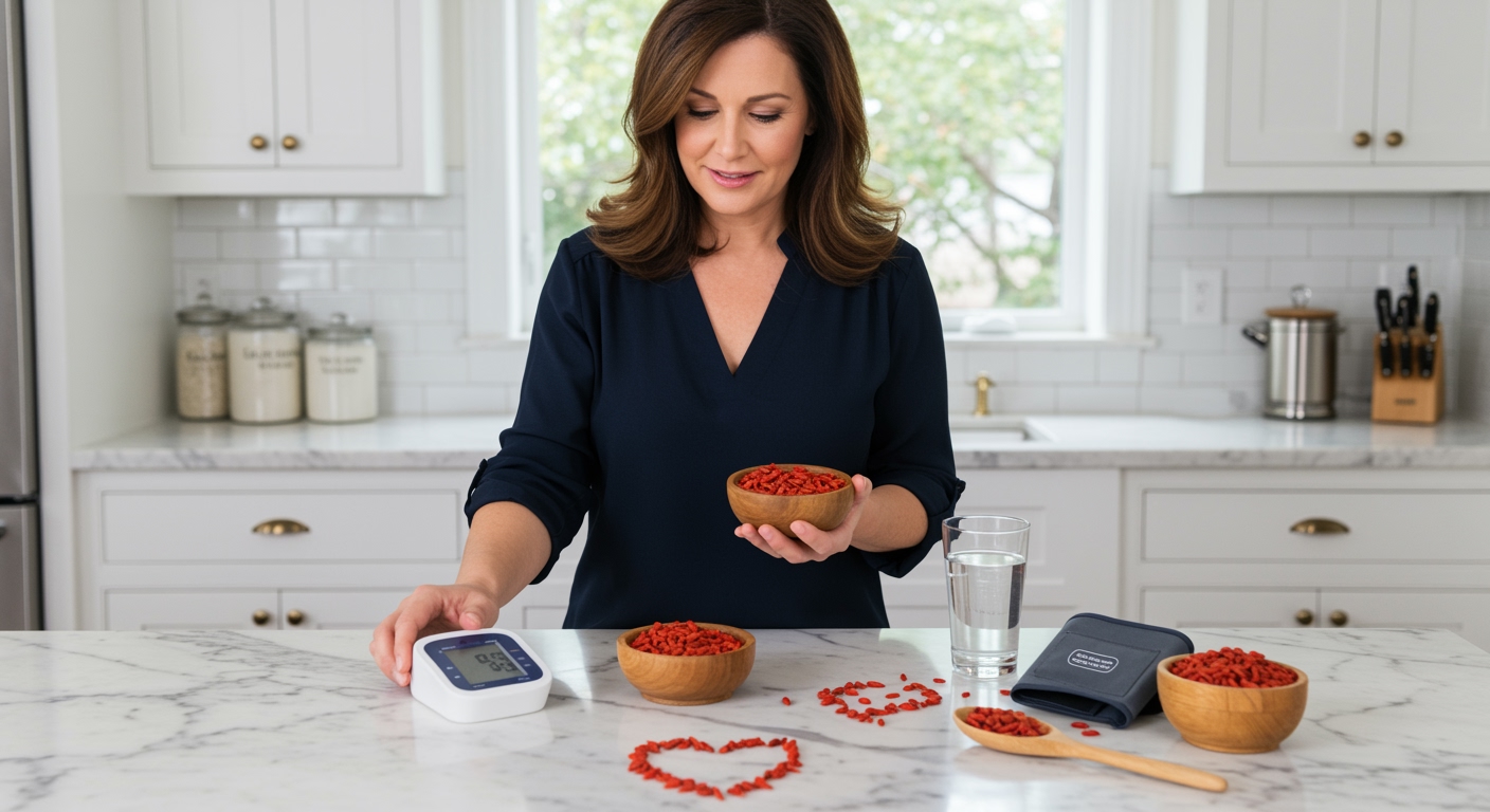 Middle-aged woman holding bowl of red goji berries behind marble countertop with blood pressure monitor and health items