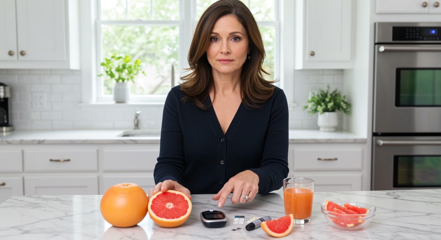 Middle-aged woman holding halved grapefruit while pointing to blood glucose meter on marble countertop with citrus fruits