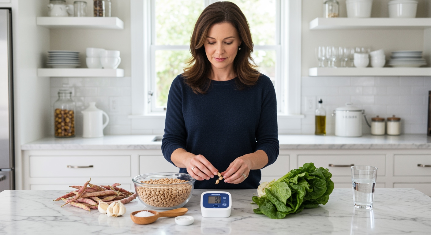 Woman arranging Great Northern beans and blood pressure monitor on marble countertop in bright modern kitchen setting