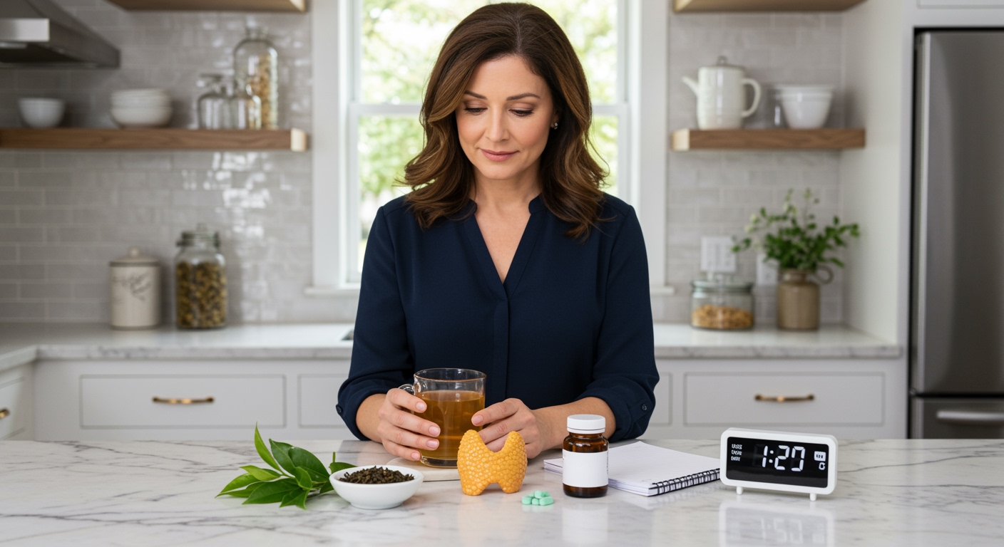 Woman holding green tea mug behind marble counter with thyroid model, medication bottle, and timing clock in modern kitchen