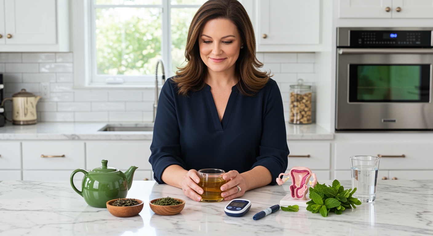 Woman standing behind marble counter with green tea pot, glucose meter, and health items in bright modern kitchen