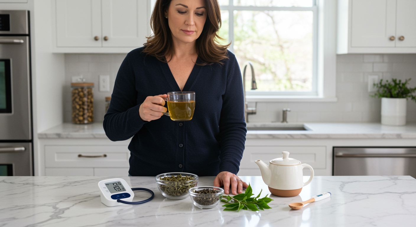 Woman holding green tea cup standing behind marble counter with blood pressure monitor and tea leaves in modern kitchen