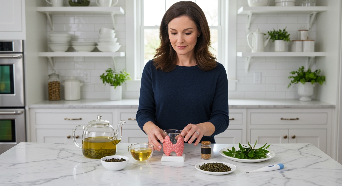 Middle-aged woman in navy sweater touching glass teacup while standing behind marble counter with green tea items and thyroid model