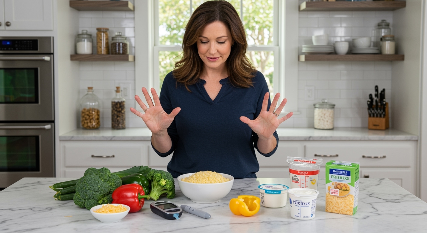 Woman standing behind marble countertop with bowl of grits, glucose meter, vegetables, and measuring tools in bright kitchen