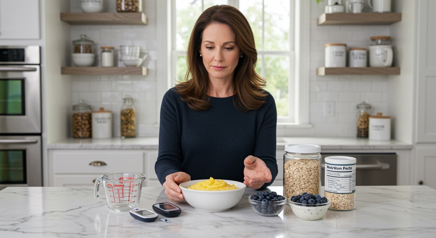 Woman holding bowl of grits while examining blood glucose meter and healthy food alternatives on white marble countertop in bright kitchen